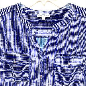 Notations Blue & White Stripe Striped Shirt Blouse Button Up 3 Quarter Sleeve L